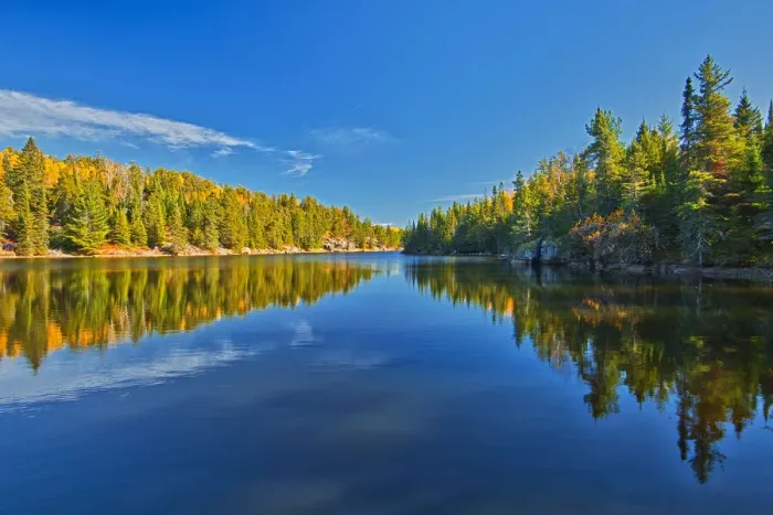 Framed Print : Canada, Ontario. Forest reflections on Blindfold Lake in autumn Framed Print : Canada, Ontario. Forest reflections on Blindfold Lake in autumn
