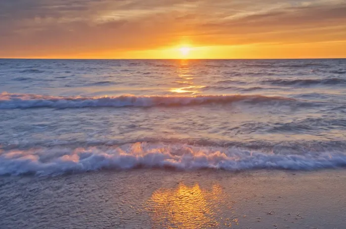 Framed Print : Canada, Ontario, Grand Bend. Sandy beach on Lake Huron at sunset
