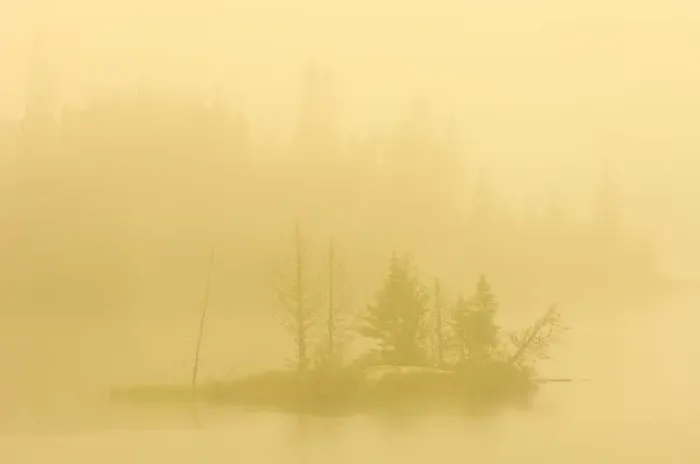 Framed Print : Canada, Ontario. Heavy morning fog on lake with small island