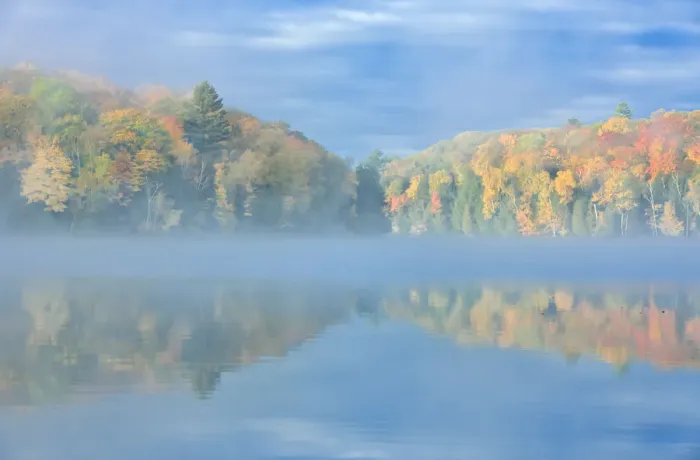 Framed Print : Canada, Ontario, Horseshoe Lake. Cottage in morning fog on lake Framed Print : Canada, Ontario, Horseshoe Lake. Cottage in morning fog on lake