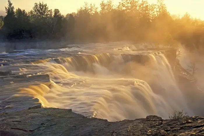Framed Print : Canada, Ontario, Kakabeka. Kaministiquia River at Kakabeka Falls at sunset. Credit as Framed Print : Canada, Ontario, Kakabeka. Kaministiquia River at Kakabeka Falls at sunset. Credit as