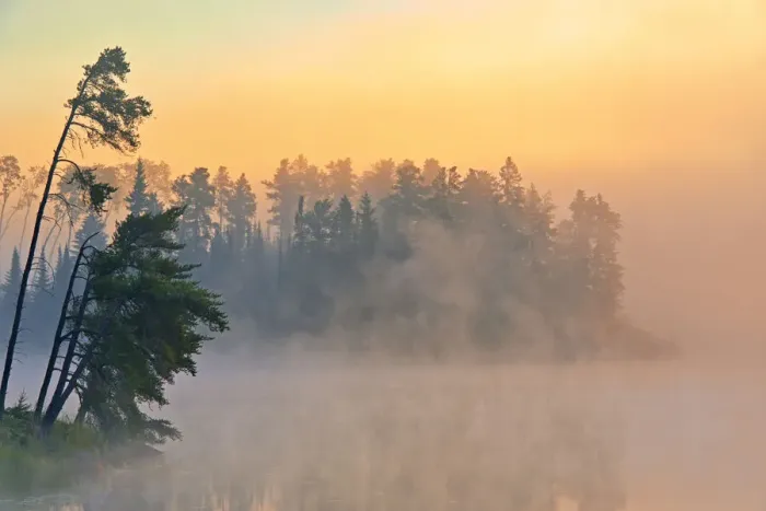 Framed Print : Canada, Ontario, Kenora. Fog at sunrise on Isabel Lake. Credit as Framed Print : Canada, Ontario, Kenora. Fog at sunrise on Isabel Lake. Credit as