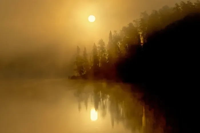 Framed Print : Canada, Ontario, Kenora. Fog at sunrise on Isabel Lake. Credit as Framed Print : Canada, Ontario, Kenora. Fog at sunrise on Isabel Lake. Credit as
