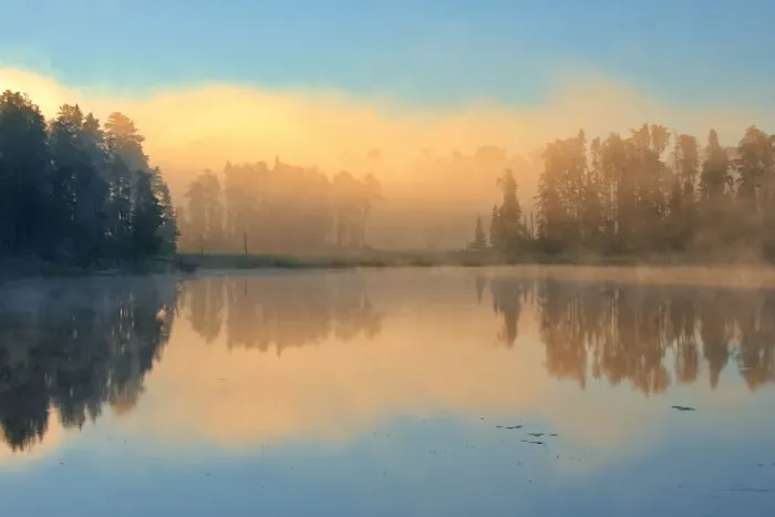 Framed Print : Canada, Ontario, Kenora. Fog at sunrise on Isabel Lake. Credit as Framed Print : Canada, Ontario, Kenora. Fog at sunrise on Isabel Lake. Credit as