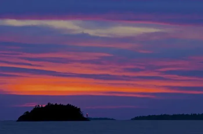Framed Print : Canada, Ontario, Killbear Provincial Park. Sunset and lighthouse on Georgian Bay