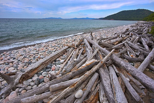 Canada, Ontario, Marathon. Rocks and driftwood on Pebble Lake Superiors Beach