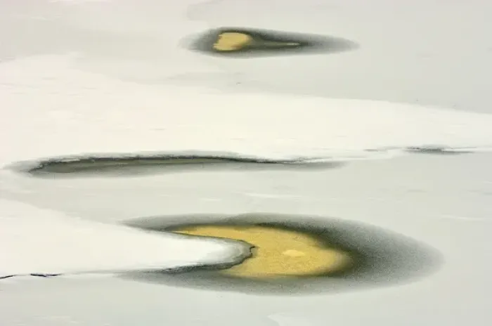 Framed Print : Canada, Ontario, Minet. Water pools on icy Lake Joseph reflect sunset. Credit as