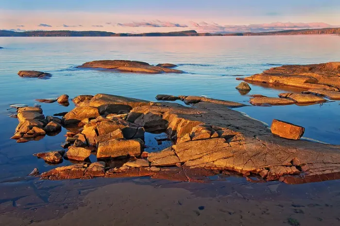Framed Print : Canada, Ontario, Rossport. Rocky shoreline of Lake Superior at sunrise