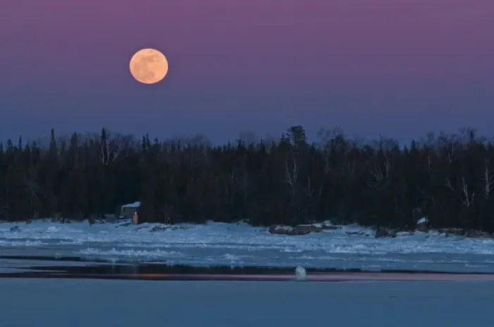 Framed Print : Canada, Ontario, South Baymouth. Full moon rising over Lake Huron in winter. Credit as