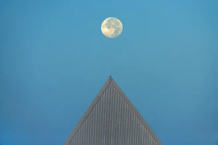 Framed Print : Canada, Ontario, St. Catharines. Full moon and triangular-shaped roof at Brock University Framed Print : Canada, Ontario, St. Catharines. Full moon and triangular-shaped roof at Brock University