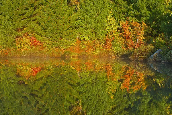 Canada, Ontario, Sudbury. Autumn colors reflect in Lake Laurentian at sunrise