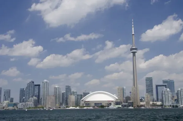 Framed Print : Canada, Ontario, Toronto. Lake Ontario city skyline view of the iconic CN Tower