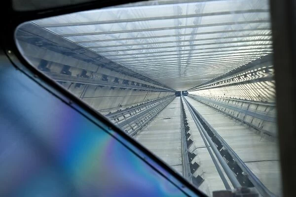 Canada, Ontario, Toronto. Looking up through the elevator ceiling at the CN Tower