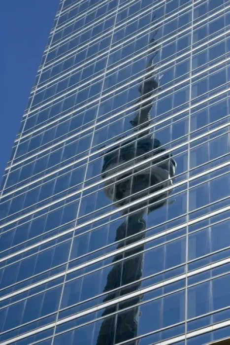 Framed Print : Canada, Ontario, Toronto. Reflection of CN Tower on glass side of skyscraper