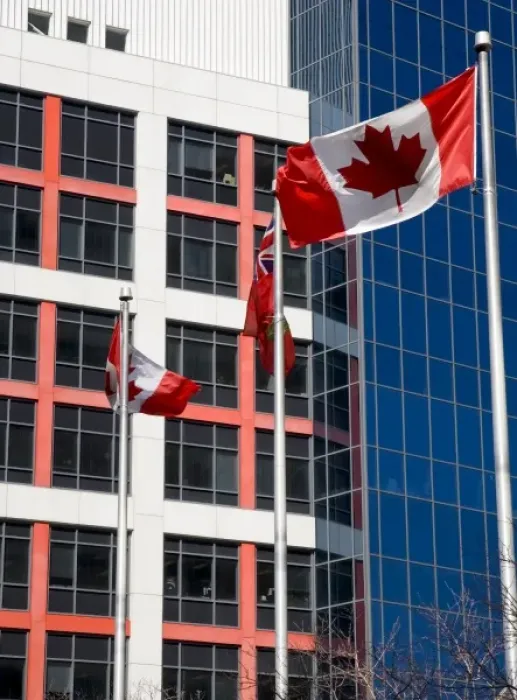 Framed Print : Canada, Ontario, Toronto. View of downtown buildings and Canadian flags
