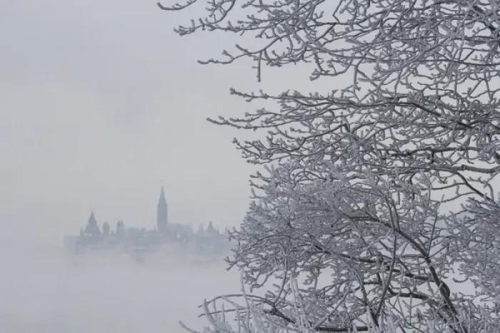 Framed Print : Canada, Ottawa, Ottawa River. Parliament buildings seen through fog