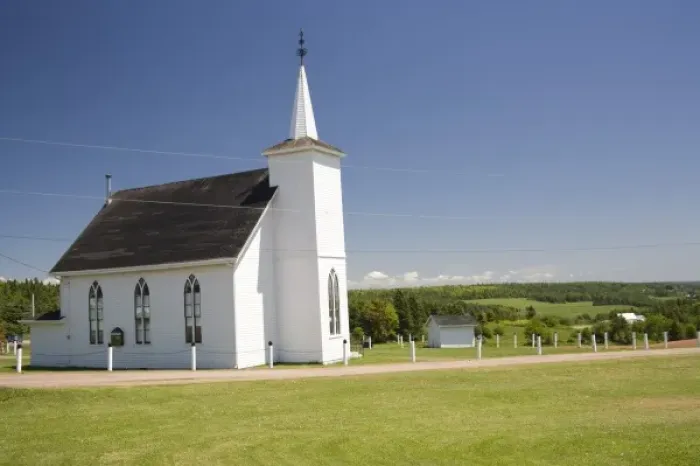 Framed Print : Canada, Prince Edward Island, Churchill. Presbyterian Church and surrounding area