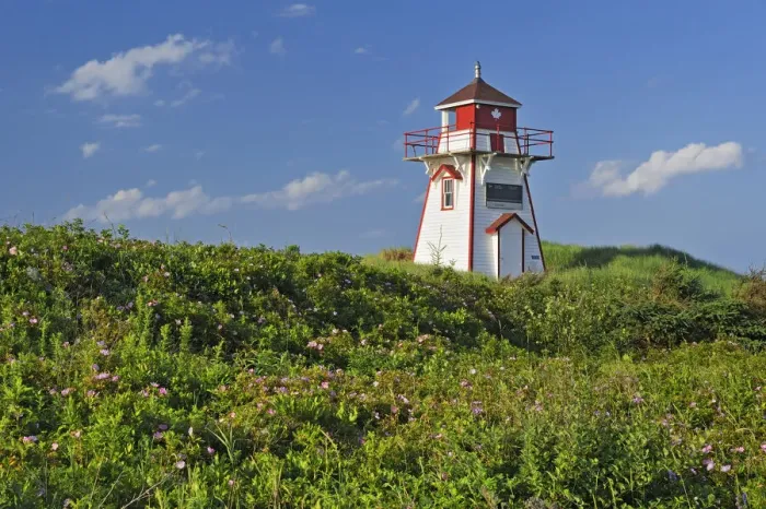 Framed Print : Canada, Prince Edward Island, Covehead Harbour. Lighthouse and flowers