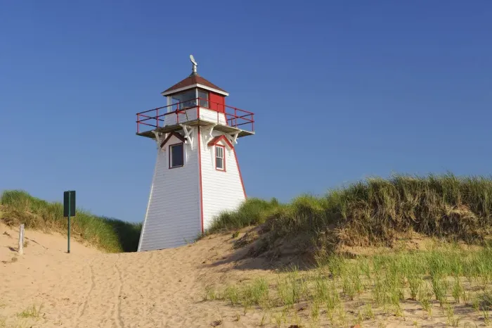 Framed Print : Canada, Prince Edward Island. Lighthouse in sand dune at Covehead Harbour. Credit as Framed Print : Canada, Prince Edward Island. Lighthouse in sand dune at Covehead Harbour. Credit as