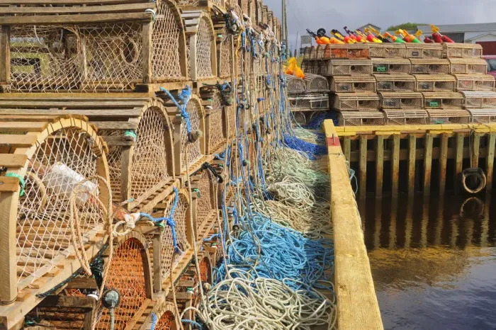 Framed Print : Canada, Prince Edward Island, Seacow Pond. Stacked lobster traps and buoys. Credit as
