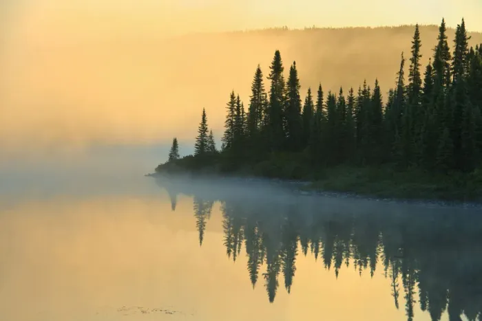 Framed Print : Canada, Quebec, Chibougamau. Lake in fog at sunrise. Credit as Framed Print : Canada, Quebec, Chibougamau. Lake in fog at sunrise. Credit as