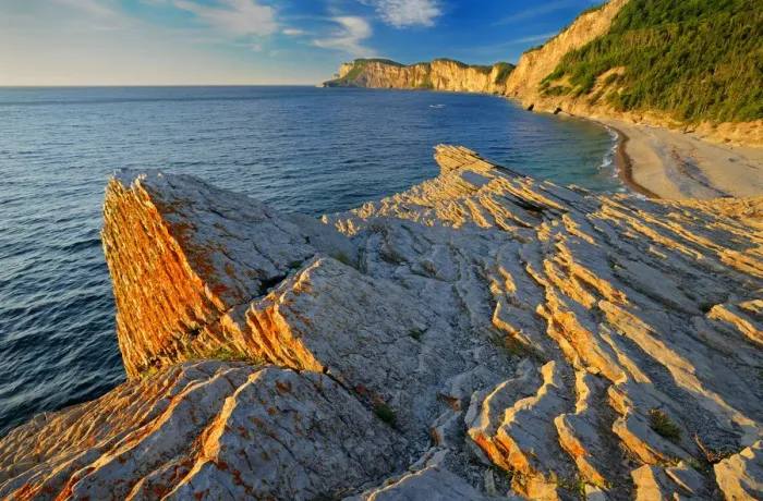 Framed Print : Canada, Quebec, Forillon National Park. Limestone along Atlantic shoreline at sunrise