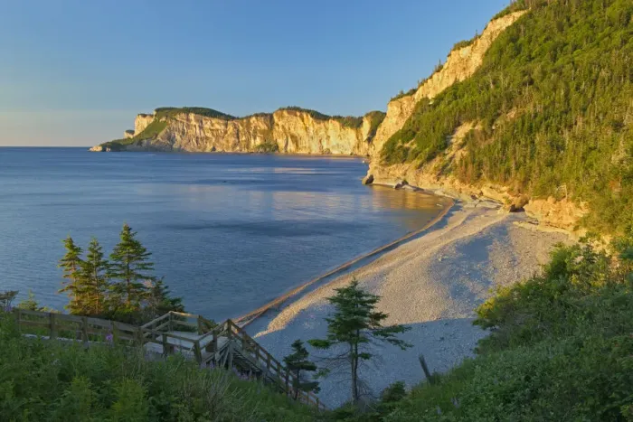 Framed Print : Canada, Quebec, Forillon National Park. Limestone cliffs along bay Framed Print : Canada, Quebec, Forillon National Park. Limestone cliffs along bay