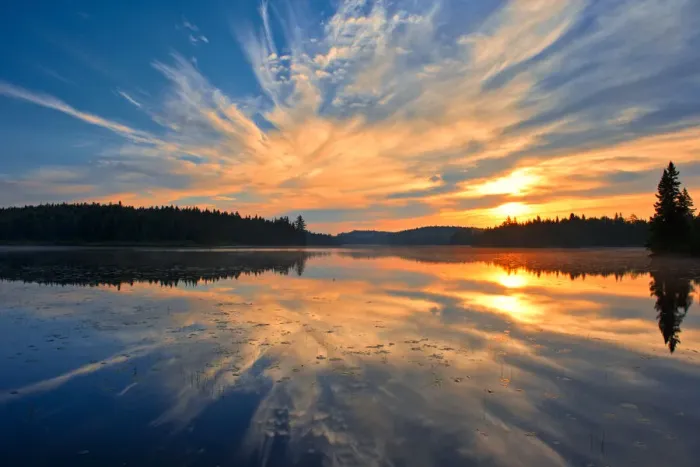Framed Print : Canada, Quebec, La Mauricie National Park. Reflection of clouds in Lac du Fou at sunrise