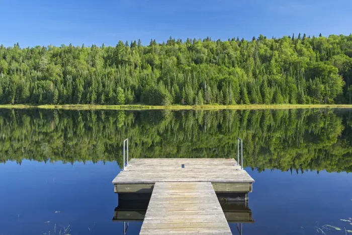 Framed Print : Canada, Quebec, La Mauricie National Park. Tree reflection and dock in Lac Modene Framed Print : Canada, Quebec, La Mauricie National Park. Tree reflection and dock in Lac Modene