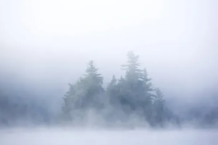 Framed Print : Canada, Quebec, Lake Long Pond. Island in morning fog Framed Print : Canada, Quebec, Lake Long Pond. Island in morning fog