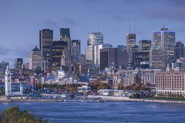Canada, Quebec, Montreal. Elevated city skyline from the St. Lawrence River