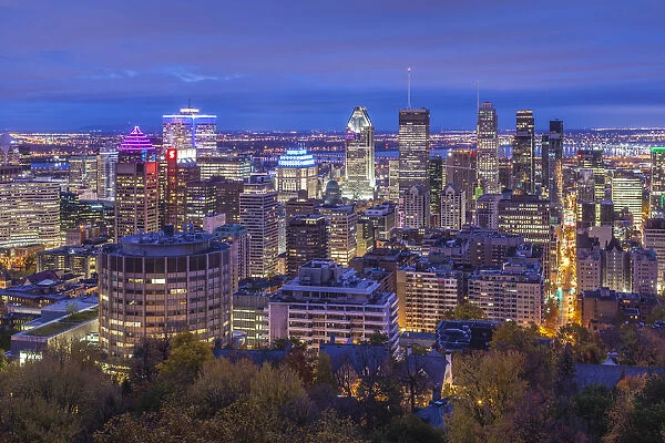 Canada, Quebec, Montreal. Elevated city skyline from Mount Royal