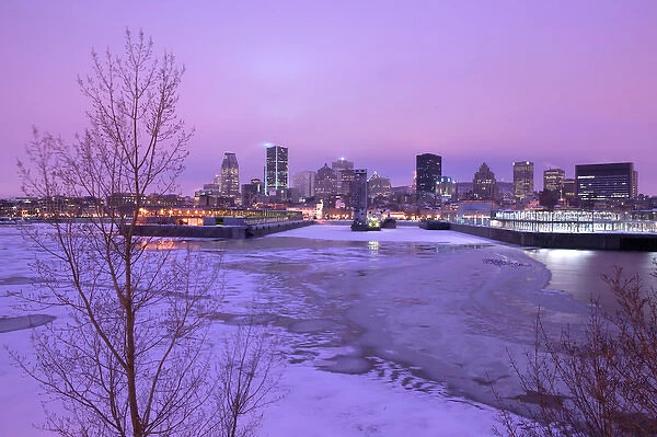 Canada-Quebec-Montreal: Evening City View in Winter of Old Port Area & Downtown