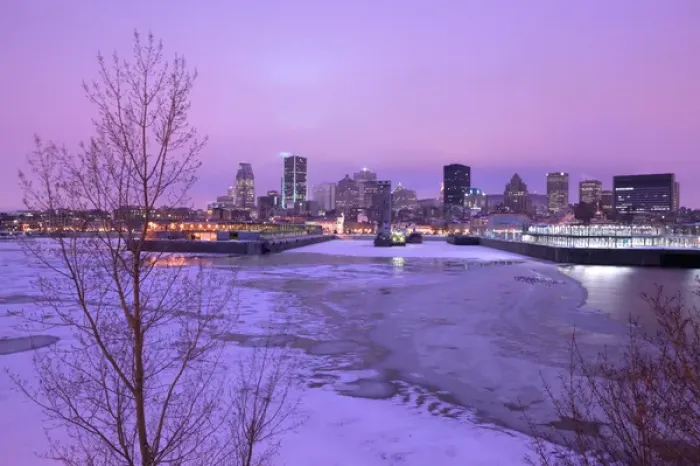 Framed Print : Canada-Quebec-Montreal: Evening City View in Winter of Old Port Area & Downtown Framed Print : Canada-Quebec-Montreal: Evening City View in Winter of Old Port Area & Downtown