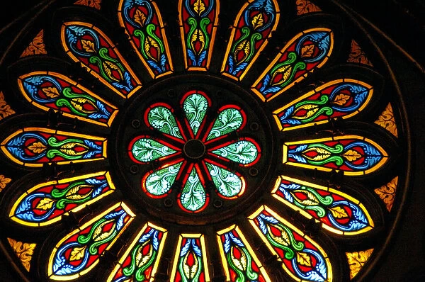Canada, Quebec, Montreal. Interior stained glass of Notre Dame Basilica of Montreal