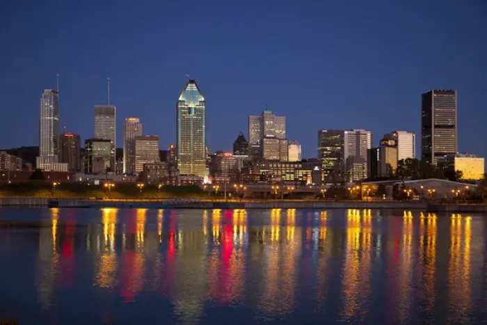 Framed Print : Canada, Quebec, Montreal. Nighttime view of downtown and river Framed Print : Canada, Quebec, Montreal. Nighttime view of downtown and river