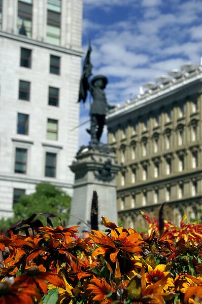 Canada, Quebec, Montreal. Place d Armes, statue of Paul de Chomeday, Sieur