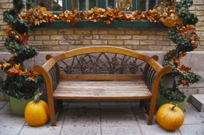 Framed Print : Canada, Quebec, Quebec City. Bench with autumn leaves and pumpkins Framed Print : Canada, Quebec, Quebec City. Bench with autumn leaves and pumpkins