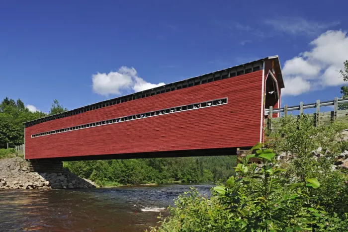 Framed Print : Canada, Quebec, Sacre-Coeur. Covered bridge on River Saint Marguerite. Credit as Framed Print : Canada, Quebec, Sacre-Coeur. Covered bridge on River Saint Marguerite. Credit as