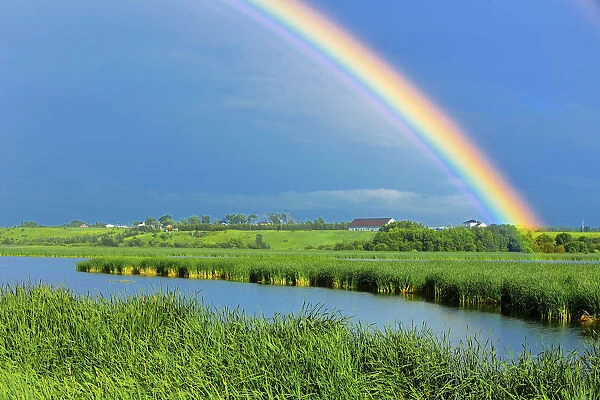 Canada, Quebec, St. Gedeon. Rainbow and barn after storm