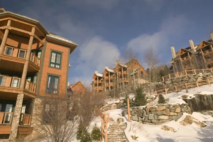 Framed Print : Canada-Quebec-The Laurentians: Mont Tremblant Ski Village-Ski Condos  /  Daytime