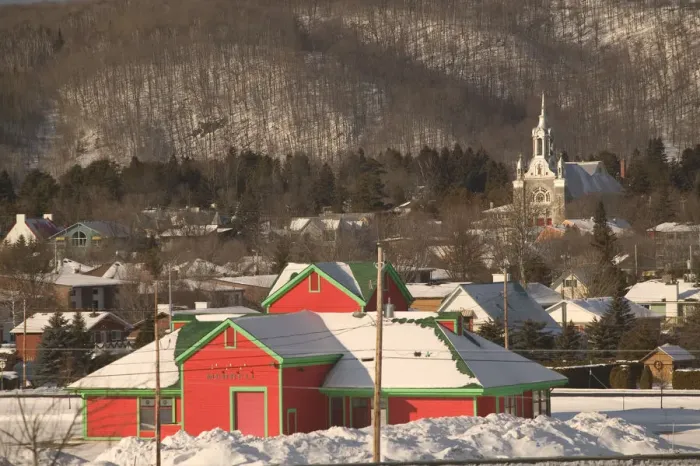 Framed Print : Canada-Quebec-The Laurentians: St. Sauveur des Montsl, Town Church from Shopping Framed Print : Canada-Quebec-The Laurentians: St. Sauveur des Montsl, Town Church from Shopping