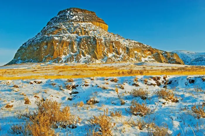 Framed Print : Canada, Saskatchewan, Big Muddy Badlands. Landscape with Castle Butte in winter. Credit as Framed Print : Canada, Saskatchewan, Big Muddy Badlands. Landscape with Castle Butte in winter. Credit as