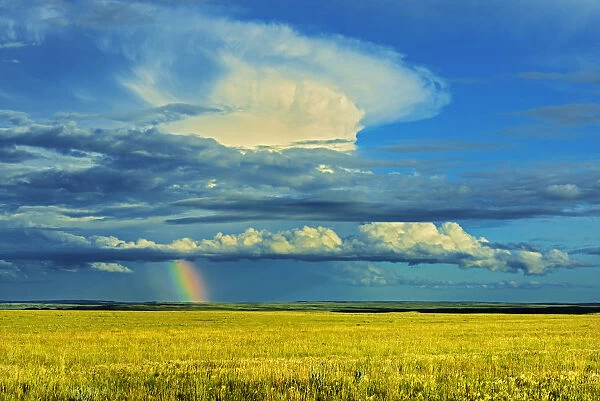Canada, Saskatchewan, Grasslands National Park. Storm and rainbow over prairie. Credit as