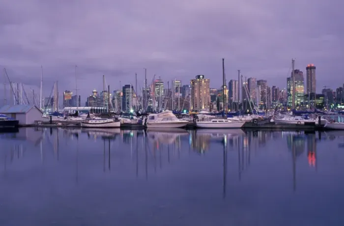Framed Print : Canada, Vancouver B. C. city skylineand marina from Stanley Park at dusk