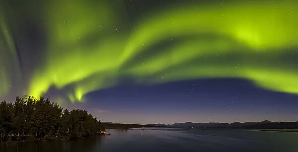 Canada, Yukon. Northern lights reflected in Marsh Lake at Tagish