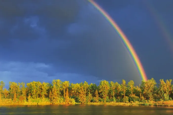 Framed Print : Canada, Yukon, Saskatchewan. Rainbow over forest and lake. Canada