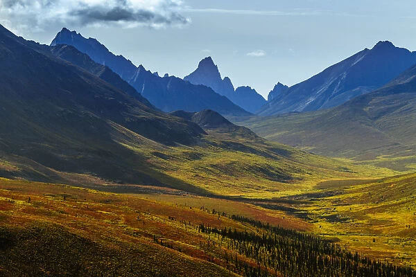 Canada, Yukon, Tombstone Territorial Park, Fall color and mountain valley views