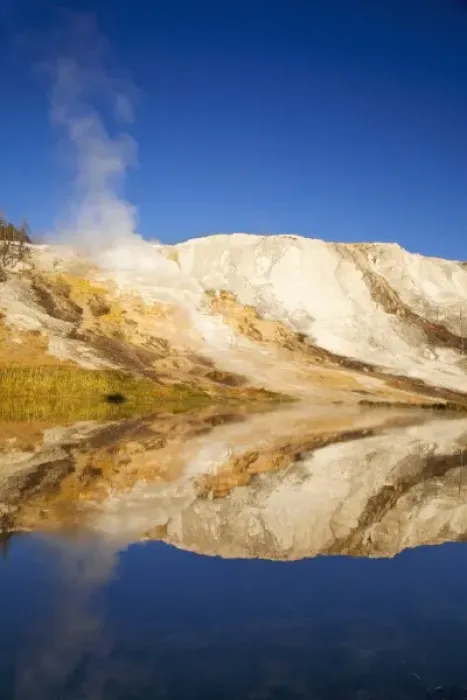 Framed Print : Canary Springs Terrace reflects in small pond at the Mammoth Hot Springs area in Framed Print : Canary Springs Terrace reflects in small pond at the Mammoth Hot Springs area in