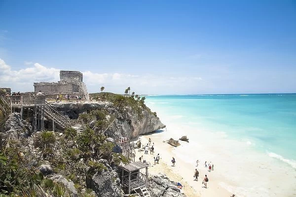 Cancun, Quintana Roo, Mexico - Ruins on a hill overlooking a tropical beach